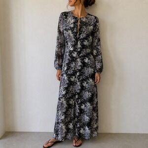 Forever 21 Black Floral Maxi Dress Keyhole Long Sleeve Small Dark Academia